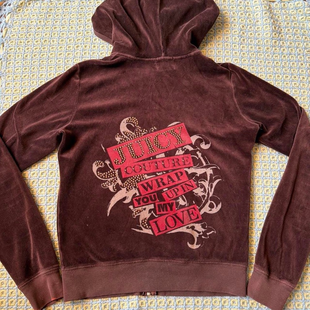 Juicy Couture Vintage Brown Velour Rhinestone Zip Up Hoodie Y2K McBling Medium